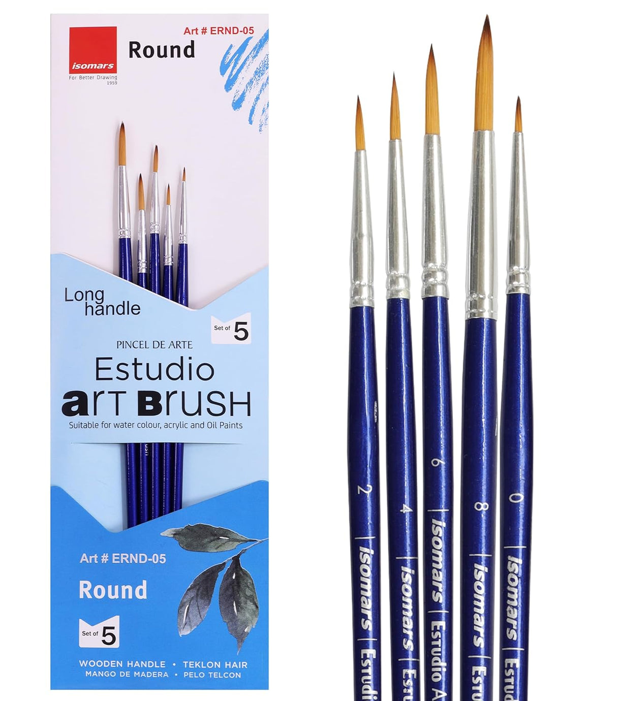 Isomars Estudio Round Paint Brush Set of 5 – Professional Synthetic Round Artist Brushes for Fine Detailing, Line Work & Blending | Long Handle Art Brushes