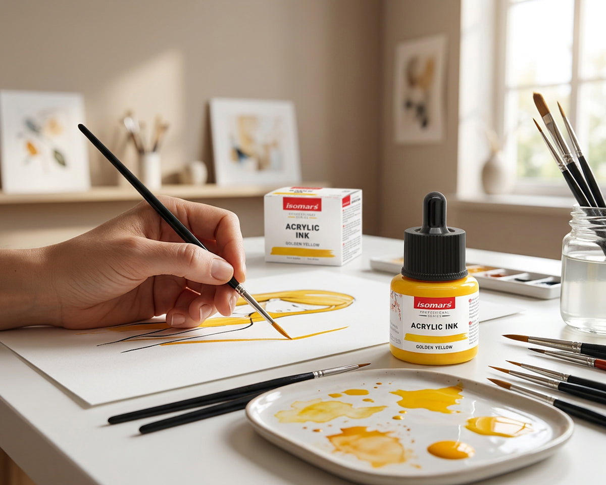 Isomars Professional Acrylic Ink Golden Yellow 35 ml, Waterproof Dropper