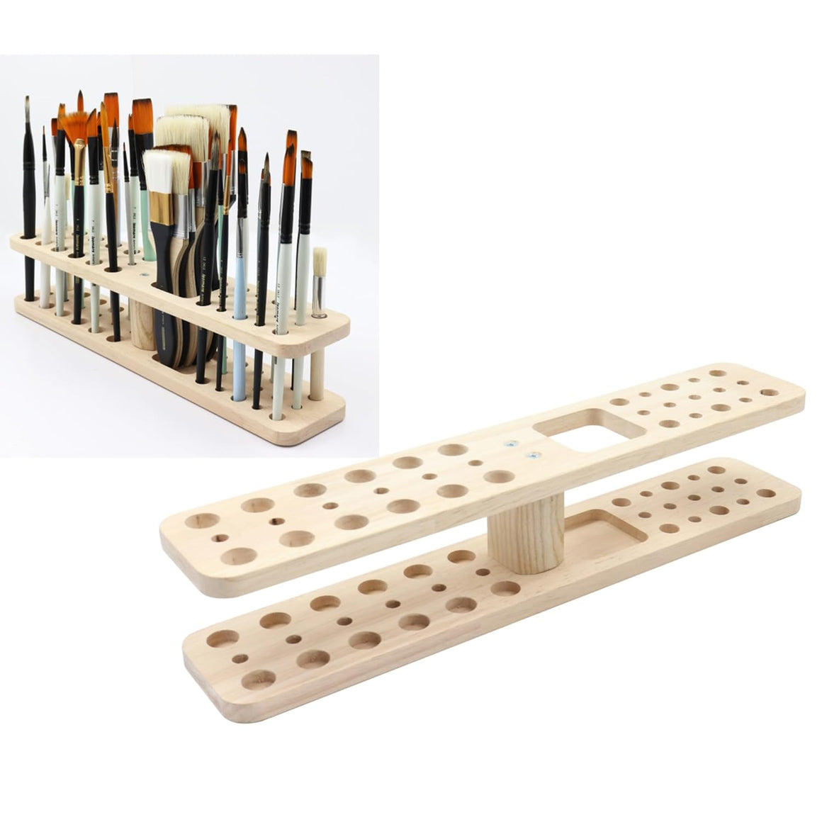 Isomars Wooden Brush Stand - Rectangular Brush Organiser for all kind of paint brushes handles (WITHOUT BRUSHES)