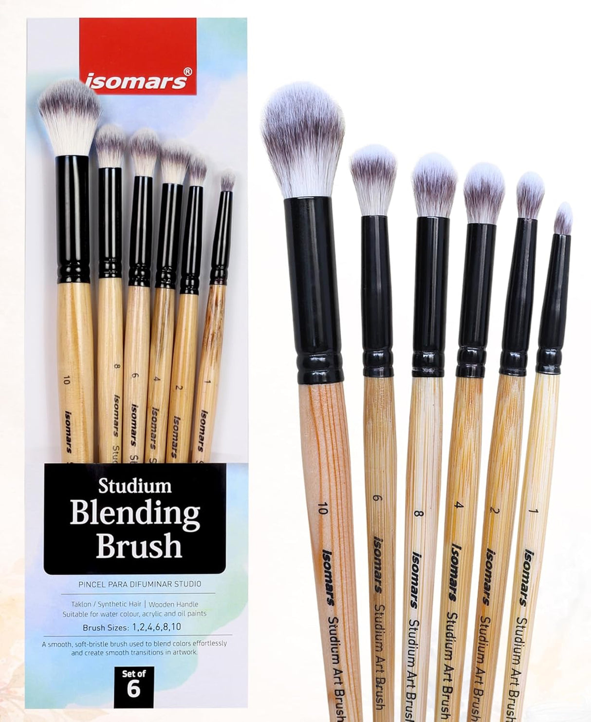 Isomars Blending Brush Studium - Set of 6 - Professional Artist Brushes for Soft Blending & Shading Ideal for Watercolor, Acrylic, Oil Painting and Ink Transitions - Sizes - 1,2,4,6,8,10