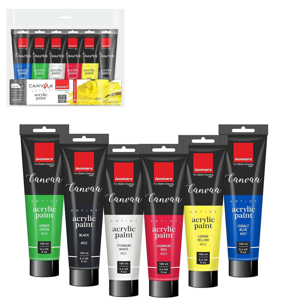 Isomars Canvaa Acrylic Paint 100ml - Set of 6 Vibrant Pigmented & Fadeproof Colors - ARTIST SERIES - For Canvas Painting, Scrap Book, Paper Board, Wood & Terracotta