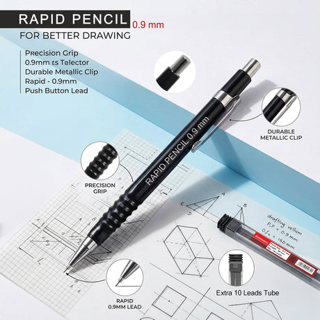 Isomars 0.9mm Mechanical Pencil with 10 Extra 2B Leads & Eraser | Rapid Drafting Pencil for Drawing, Sketching, Writing & Technical Drafting | For Students, Artists & Professionals - Isomars