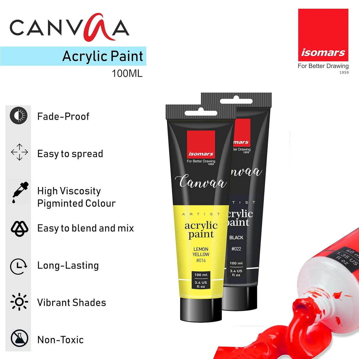 Isomars Canvaa Acrylic Paint 100ml - Set of 6 Vibrant Pigmented & Fadeproof Colors - ARTIST SERIES - For Canvas Painting, Scrap Book, Paper Board, Wood & Terracotta