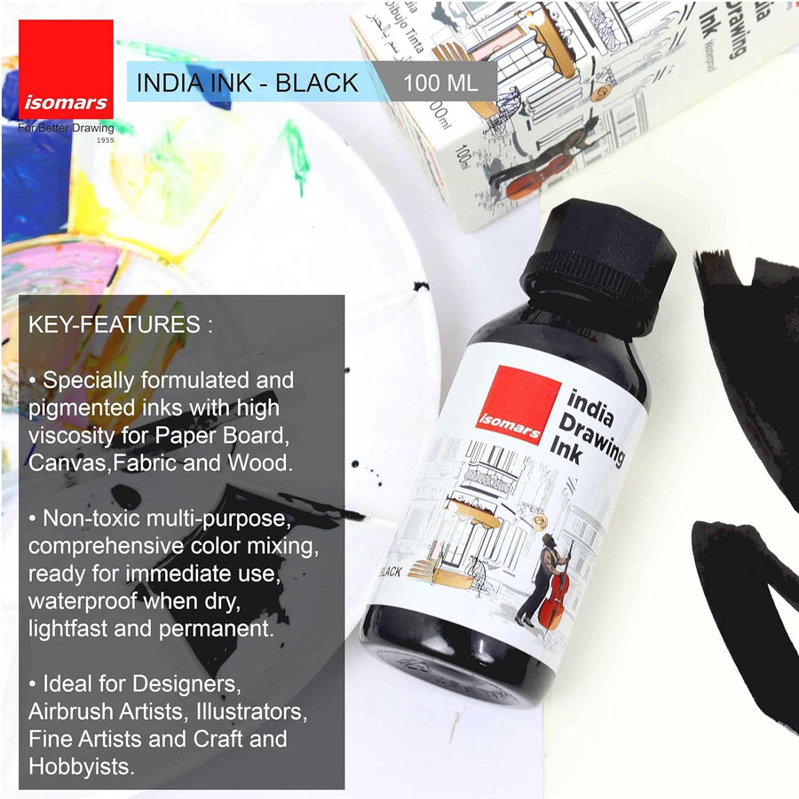 Isomars India Waterproof Drawing Ink - Black - 100ML Bottled Ink, for Paper Board, Canvas,Fabric and Wood Ideal for Designers, Airbrush Artists, Illustrators, Fine Artists and Craft and Hobbyists.