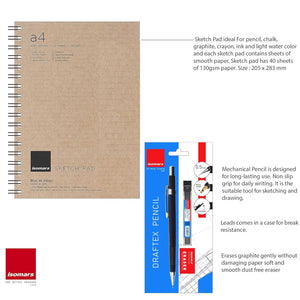Isomars Sketch Pad Artist - A4 with 40 Sheets & Mechanical Pencil 0.5mm - with Leads and Eraser