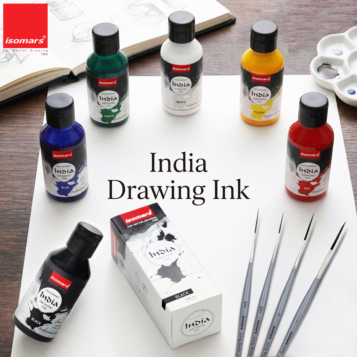 Isomars India Waterproof Drawing Ink, 100ml x 6 Colours, Fadeproof, Non-Toxic, Professional Art Supplies
