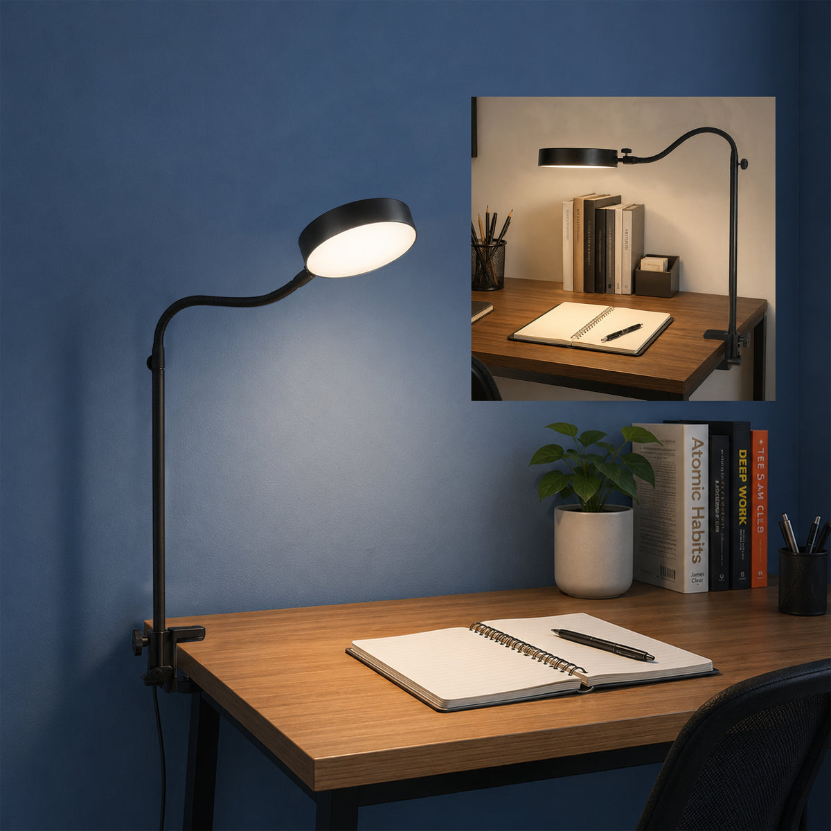 Isomars LED Study, Reading, Laptop, Computer,etc Desk Lamp with Clamp, Flexible Gooseneck, 3 Color Modes (Warm/Natural/Cool), Eye-Care Lighting (Black)