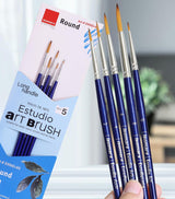 Isomars Estudio Round Paint Brush Set of 5 – Professional Synthetic Round Artist Brushes for Fine Detailing, Line Work & Blending | Long Handle Art Brushes