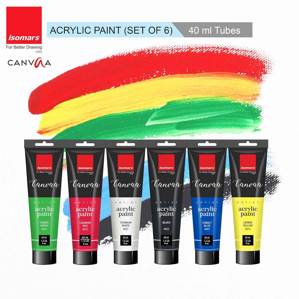 Isomars Canvaa Acrylic Paint 40ml - Set of 6 Vibrant Pigmented & Fadeproof Colors - ARTIST SERIES - For Canvas Painting, Scrap Book, Paper Board, Wood & Terracotta
