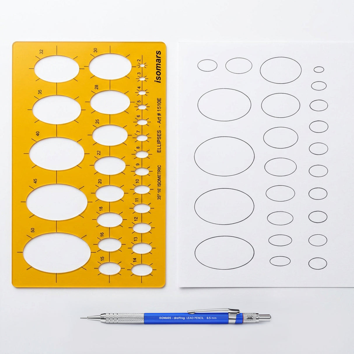 Isomars Isometric Ellipse Shapes Template 35°16' (Art No. 1510E) | Technical Drawing Stencil with 2-50mm Ellipses | Engineering, Architecture, Drafting & Design Tool