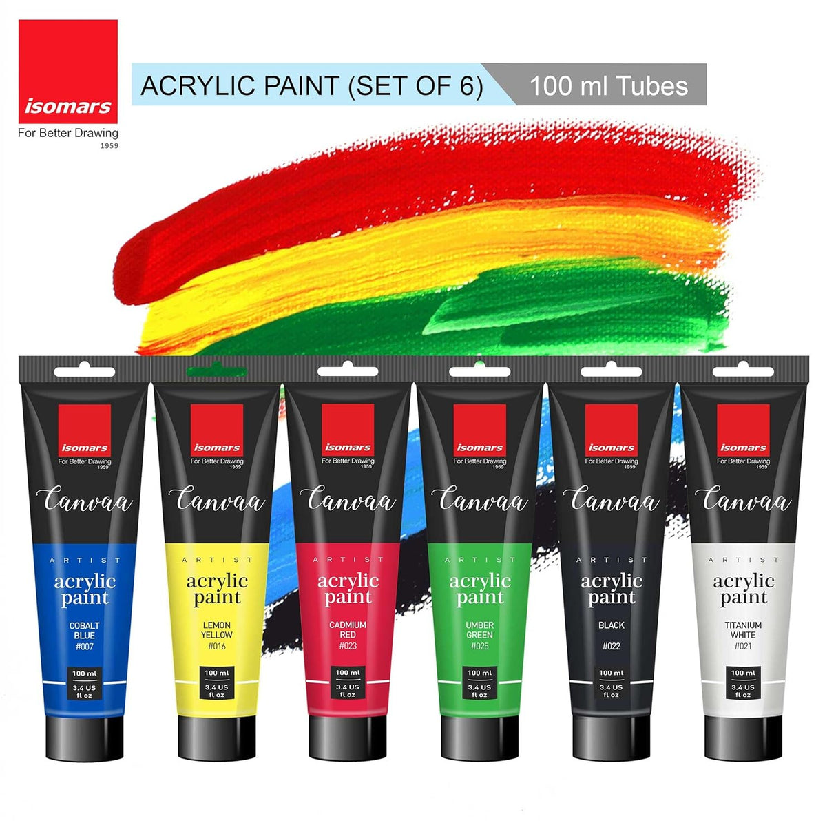 Isomars Canvaa Acrylic Paint 100ml - Set of 6 Vibrant Pigmented & Fadeproof Colors - ARTIST SERIES - For Canvas Painting, Scrap Book, Paper Board, Wood & Terracotta