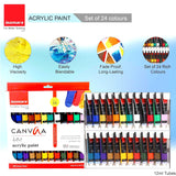 Isomars Canvaa Acrylic Paint 12ml And Set of 4 Round Brush Free - Vibrant Pigmented & Fadeproof Colours 4 - ARTIST SERIES - For Canvas Painting, (12ML - Set of 24)
