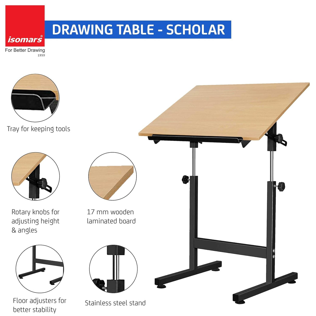 Isomars Drawing Drafting Board Table - Scholar Adjustable Height & Angle with Beachwood Texture Laminated Plain Board 25.5"x35"