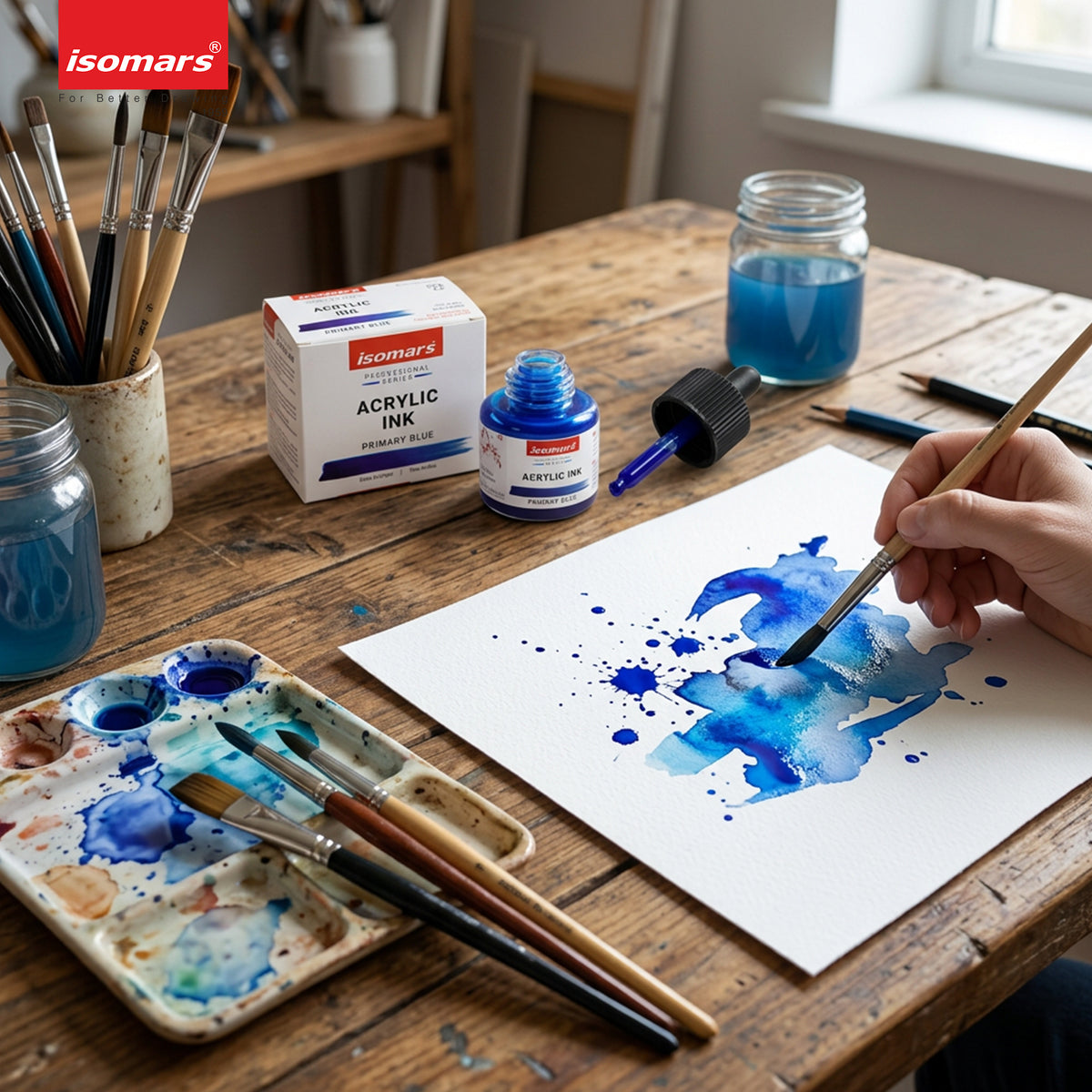 Isomars Acrylic Ink Blue 35ml with Dropper for Art & Drawing