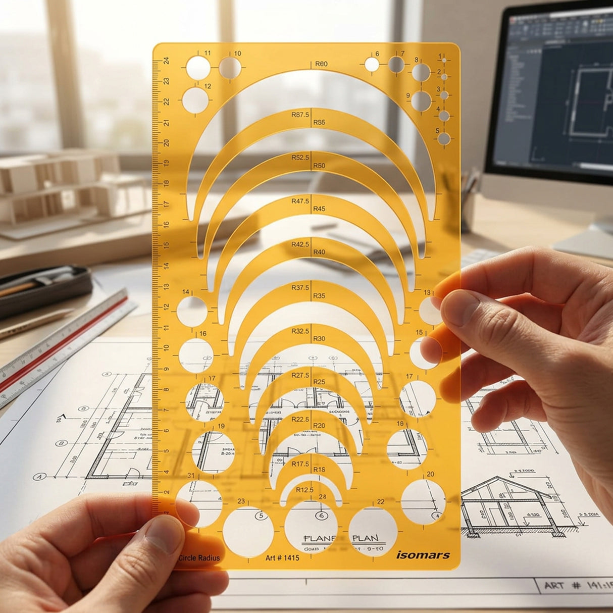 Isomars Circle Radius Template Ruler | Precision Drafting Stencil with Radius Curves R12.5-R60, Circle Templates & Metric Scale | Engineering, Architecture, Technical Drawing & Design Tool (150 x 257 mm)