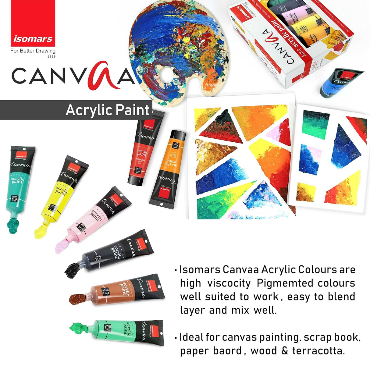 Isomars Canvaa Acrylic Paint 100ml - Set of 12 Vibrant Pigmented & Fadeproof Colors - ARTIST SERIES - For Canvas Painting, Scrap Book, Paper Board, Wood & Terracotta