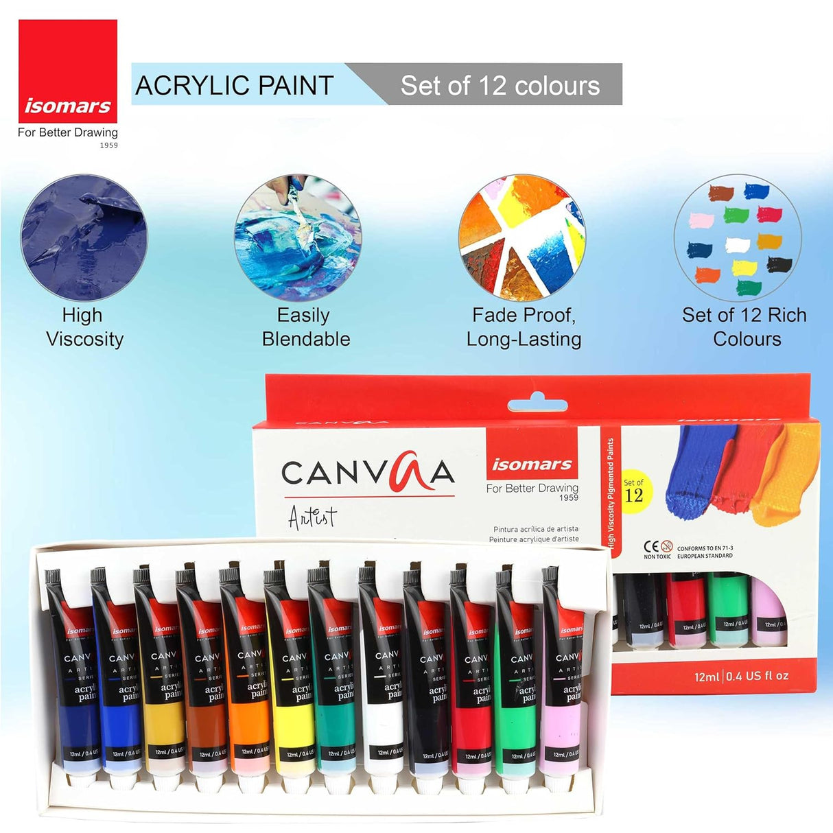 Isomars Acrylic Paint 12ml - Set of 12 Vibrant Pigminted & Fadeproof Colours 4 - Includes Round Canvaa Brush - Set of 4 ARTIST SERIES - For Canvas Painting, Scrap Book, Paper Board, Wood & Terracotta