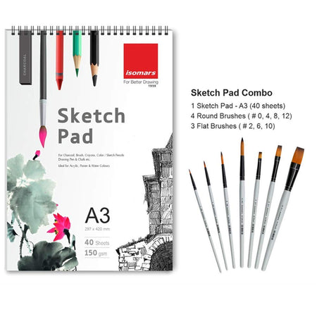 40 Sheets Acid Free A3 Drawing Pad with Artist Brush Set Combo