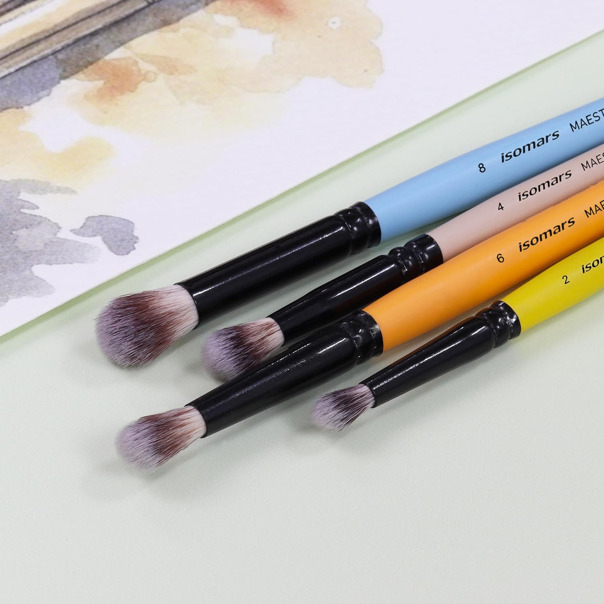 Isomars Maestro Blending Brush Set of 4 - Professional Round Artist Brushes for Soft Blending, Shading and Transitions - Colorful Wooden Handles - Sizes 2, 4, 6, 8