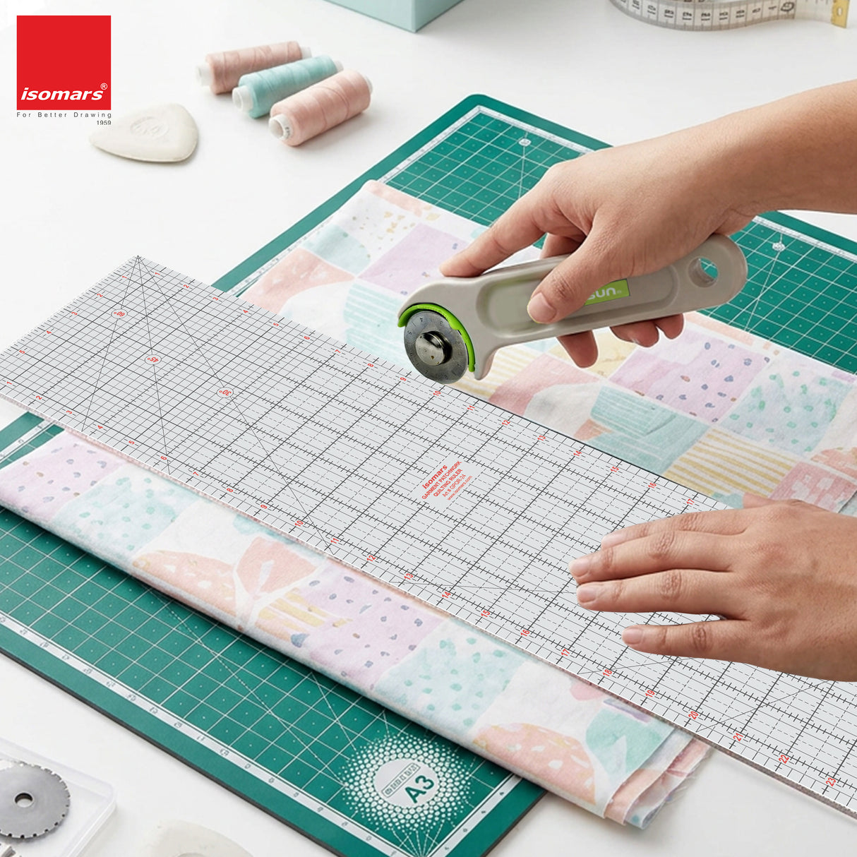 Isomars A3 Self-Healing Cutting Mat with 24 Inch Quilting Ruler & Rotary Cutter Set | Fabric Cutting Kit for Sewing, Tailoring, Quilting, Patchwork, Fashion Designing & Crafts