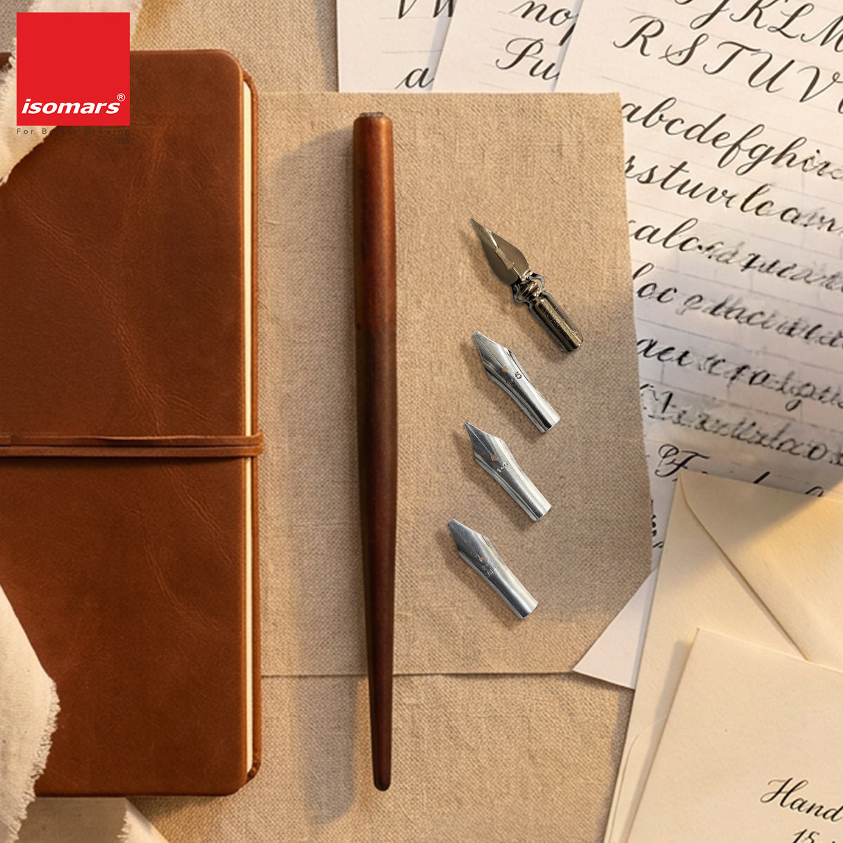 Isomars Wooden Calligraphy Pen Holder Set with 4 Professional Nibs for calligraphy, lettering, sketching and artistic writing