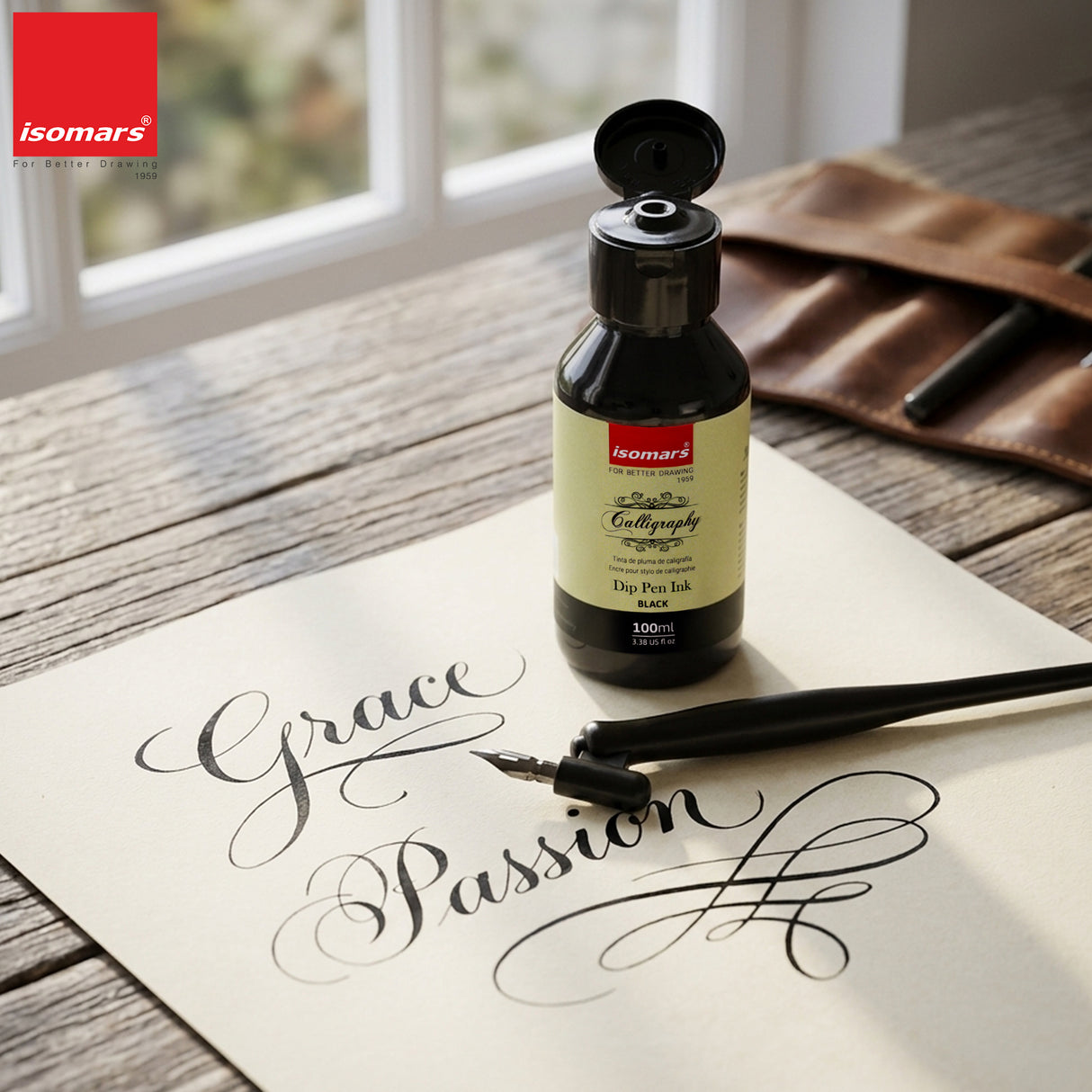 ISOMARS Calligraphy Dip Pen Ink Black, 100ml, Rich Pigmented Ink