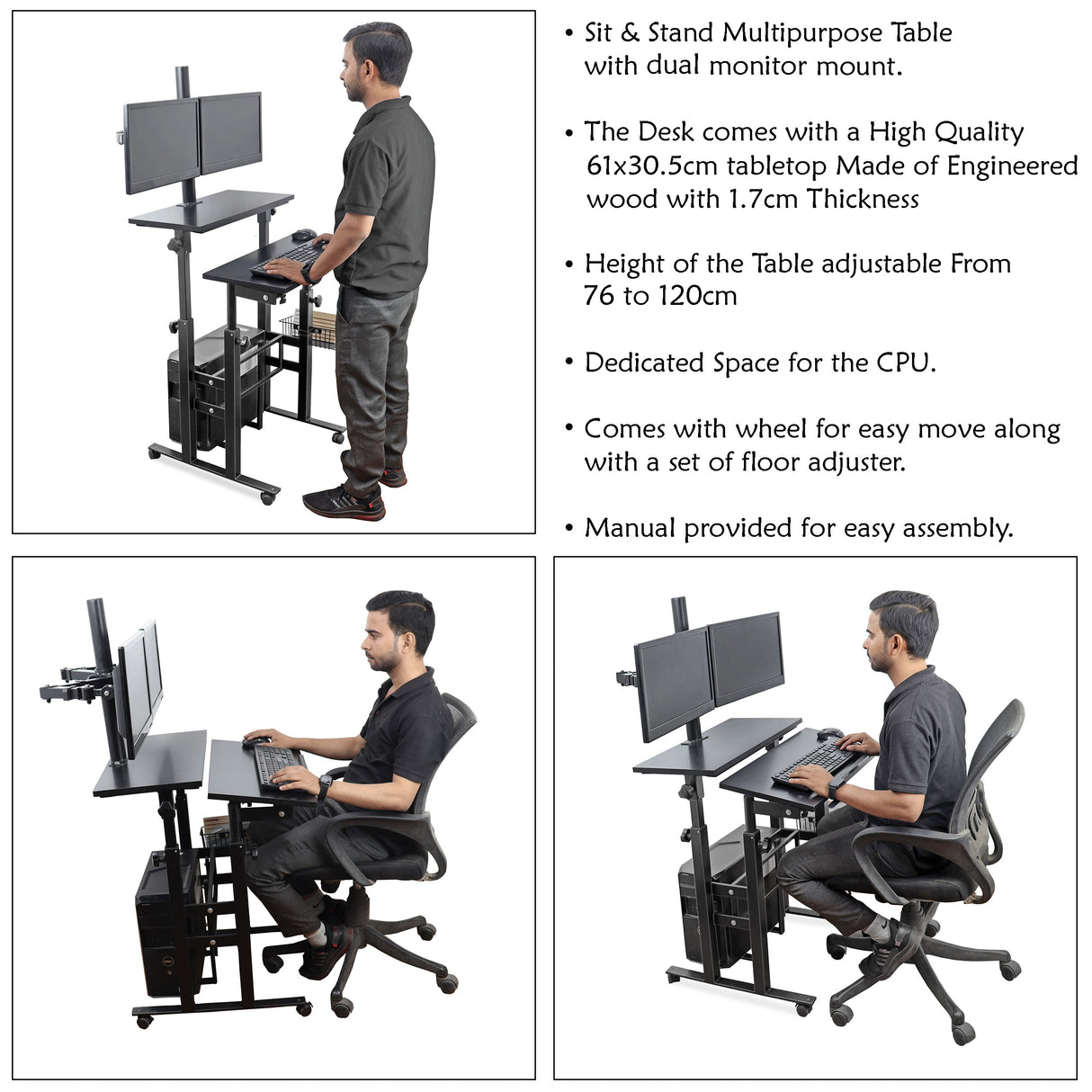 Isomars Desktop Table with dual Monitor Mount - Adjustable Height & Angles, Computer Workstation Useful for Gadgets Like Desktop, Laptop- Made in India (Black).