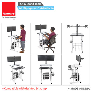 Isomars Desktop Table with dual Monitor Mount - Adjustable Height & Angles, Computer Workstation Useful for Gadgets Like Desktop, Laptop- Made in India (white).