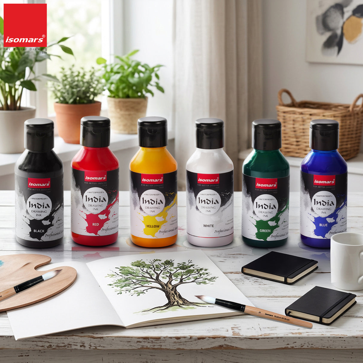 Isomars India Waterproof Drawing Ink, 100ml x 6 Colours, Fadeproof, Non-Toxic, Professional Art Supplies