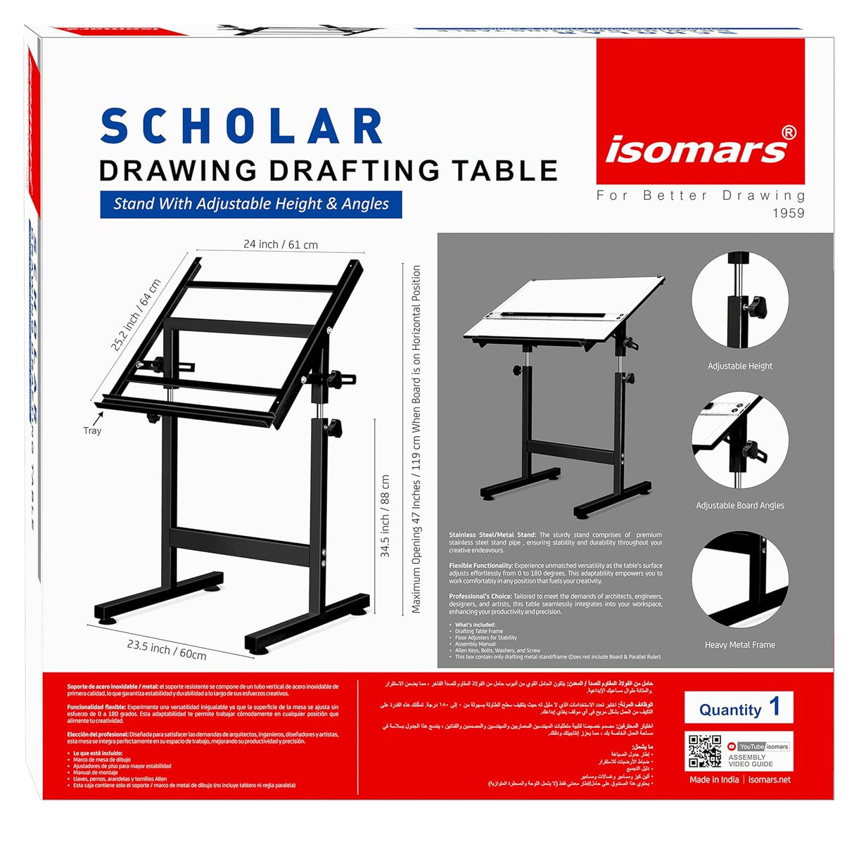 Isomars Drawing Drafting Board Table - Scholar Adjustable Height & Angle with Beachwood Texture Laminated Plain Board 25.5"x35"