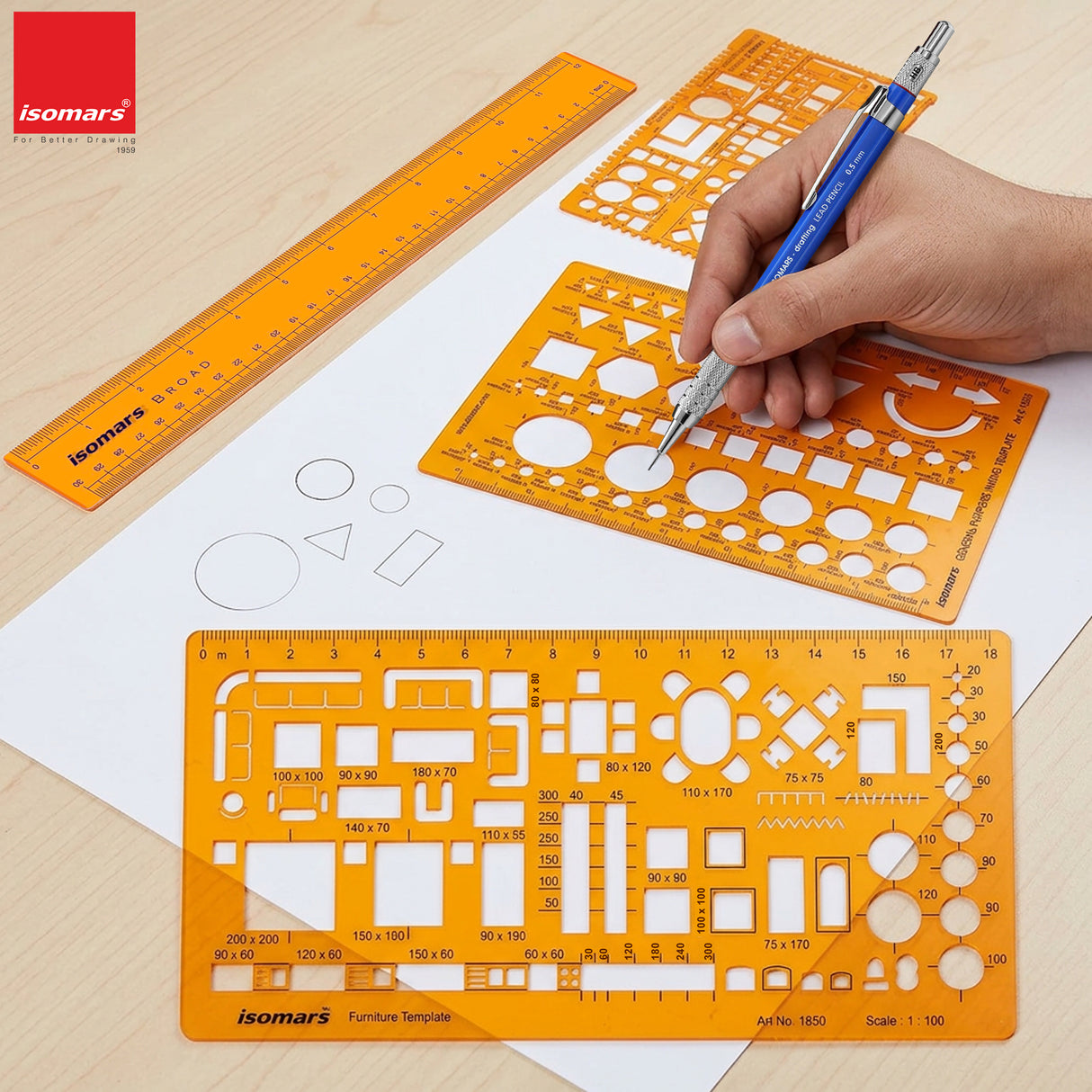 Isomars Designing Templates Combo Set of 8 | Engineering, Architecture & Interior Design Drafting Stencil Kit with General Purpose Template, Furniture, Electrical & Geometric Templates for Drawing & Drafting