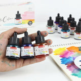 Isomars Watercolour Drawing Ink Set of 12 (35ml Each) with Mop Brush Set of 4 | Vibrant Liquid Watercolor Inks for Calligraphy, Illustration, Airbrush, Painting & Mixed Media Art
