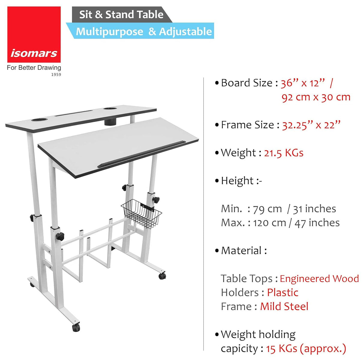 Isomars Sit/Stand Multipurpose Adjustable Table Professional Computer Workstation Extra Long Table top Dedicated Space for CPU Comes with Wheels & Floor Adjusters(36" X 12"/92cm X 30CM Wide White)