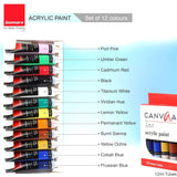 Isomars Acrylic Paint 12ml - Set of 12 Vibrant Pigminted & Fadeproof Colours 4 - Includes Round Canvaa Brush - Set of 4 ARTIST SERIES - For Canvas Painting, Scrap Book, Paper Board, Wood & Terracotta