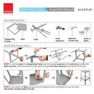 Isomars Drafting Metal Stool - Detachable Stool for Engineers, Architects, Draughtsman with 24" Height & Seat Size 10.5" Full Metal Body (Grey)