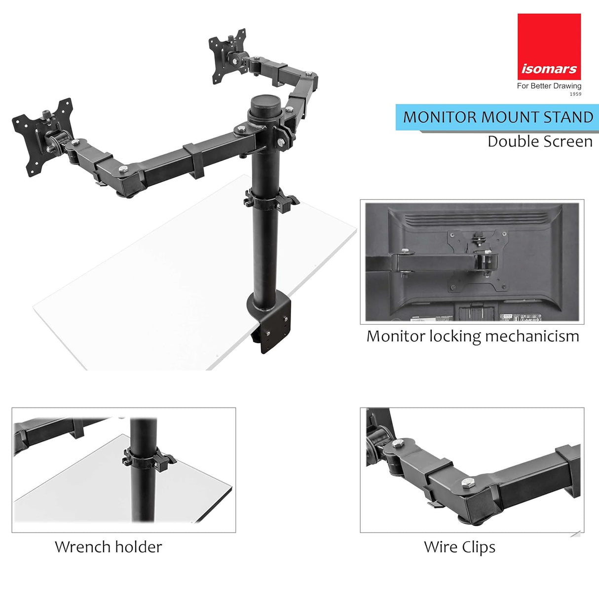 Isomars Monitor Arm Mount Stand Double Screen (Monitor) - Adjustable Height & Angles