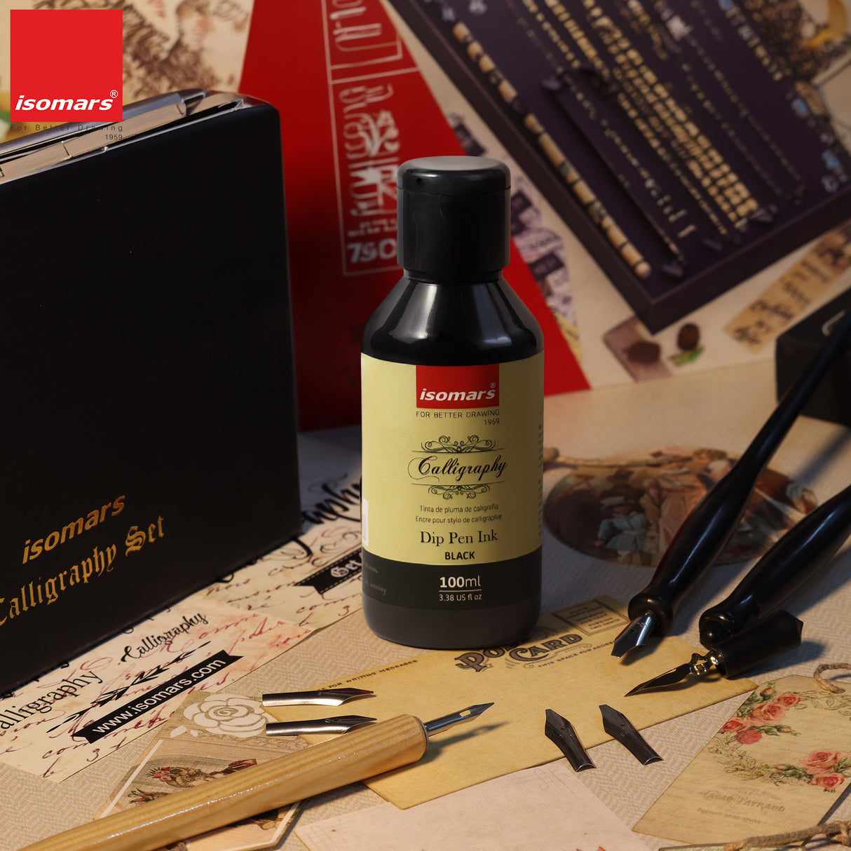 ISOMARS Calligraphy Dip Pen Ink Black, 100ml, Rich Pigmented Ink