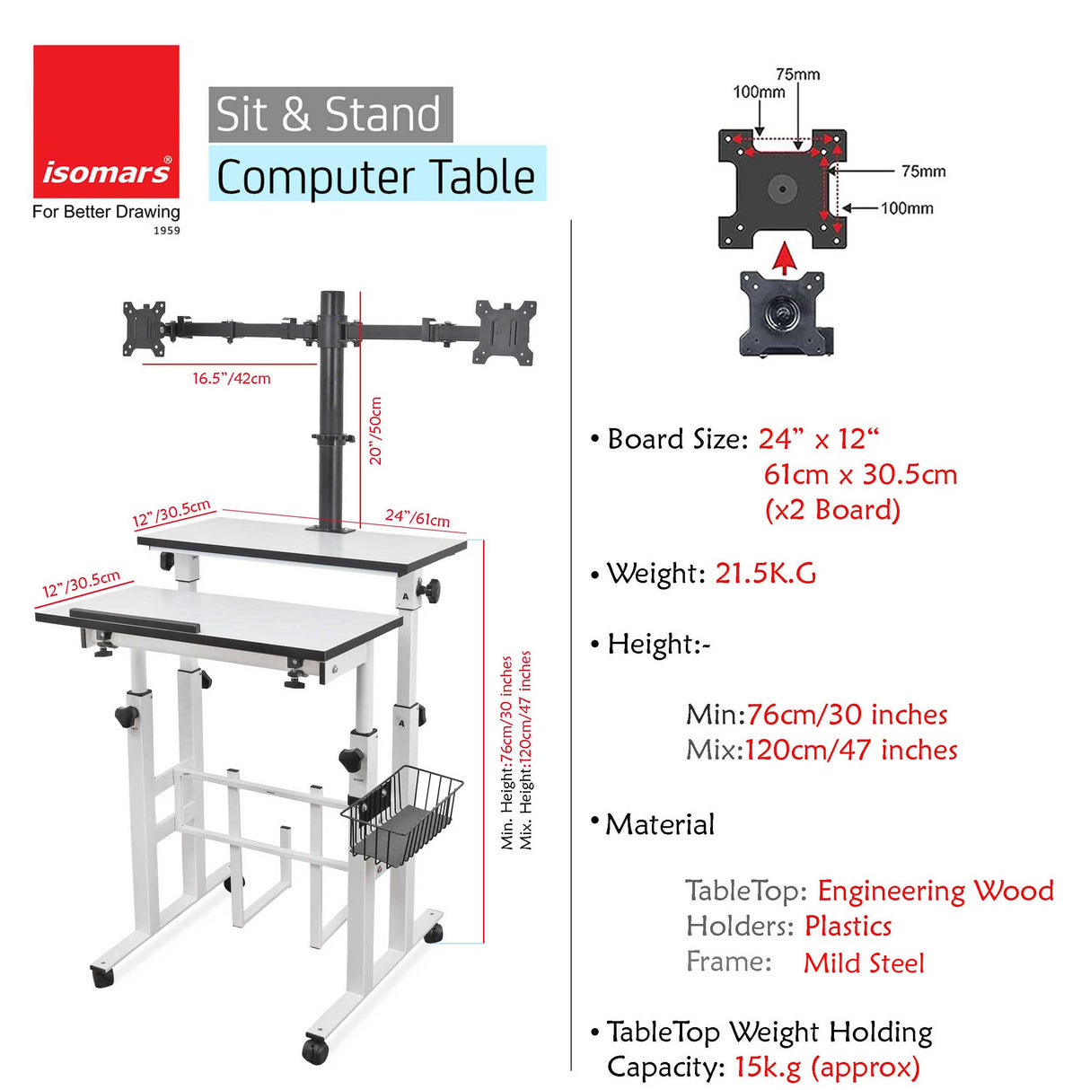 Isomars Desktop Table with dual Monitor Mount - Adjustable Height & Angles, Computer Workstation Useful for Gadgets Like Desktop, Laptop- Made in India (white).