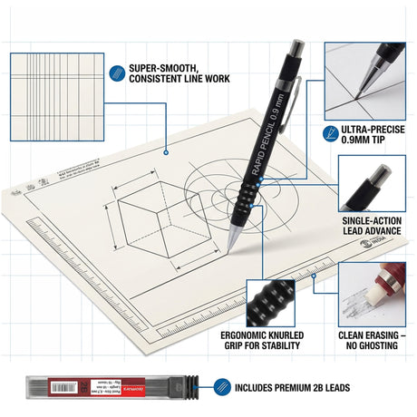 Isomars 0.9mm Mechanical Pencil with 10 Extra 2B Leads & Eraser | Rapid Drafting Pencil for Drawing, Sketching, Writing & Technical Drafting | For Students, Artists & Professionals - Isomars