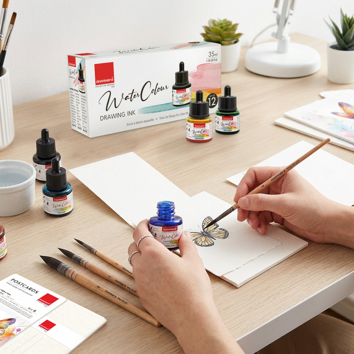 Isomars Watercolour Drawing Ink Set of 12 (35ml Each) with Mop Brush Set of 4 & Watercolor Postcards Set of 6 Sheets | Professional Liquid Watercolors for Painting, Calligraphy & Illustration