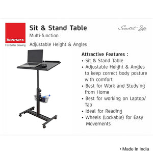 Isomars Multipurpose Laptop Table Hospital Table Study Desk, Caster Lockable Wheels, & Height Adjustable for Breakfast Table, Work from Home & Online Classes (Table Top - 24'' x 16'')