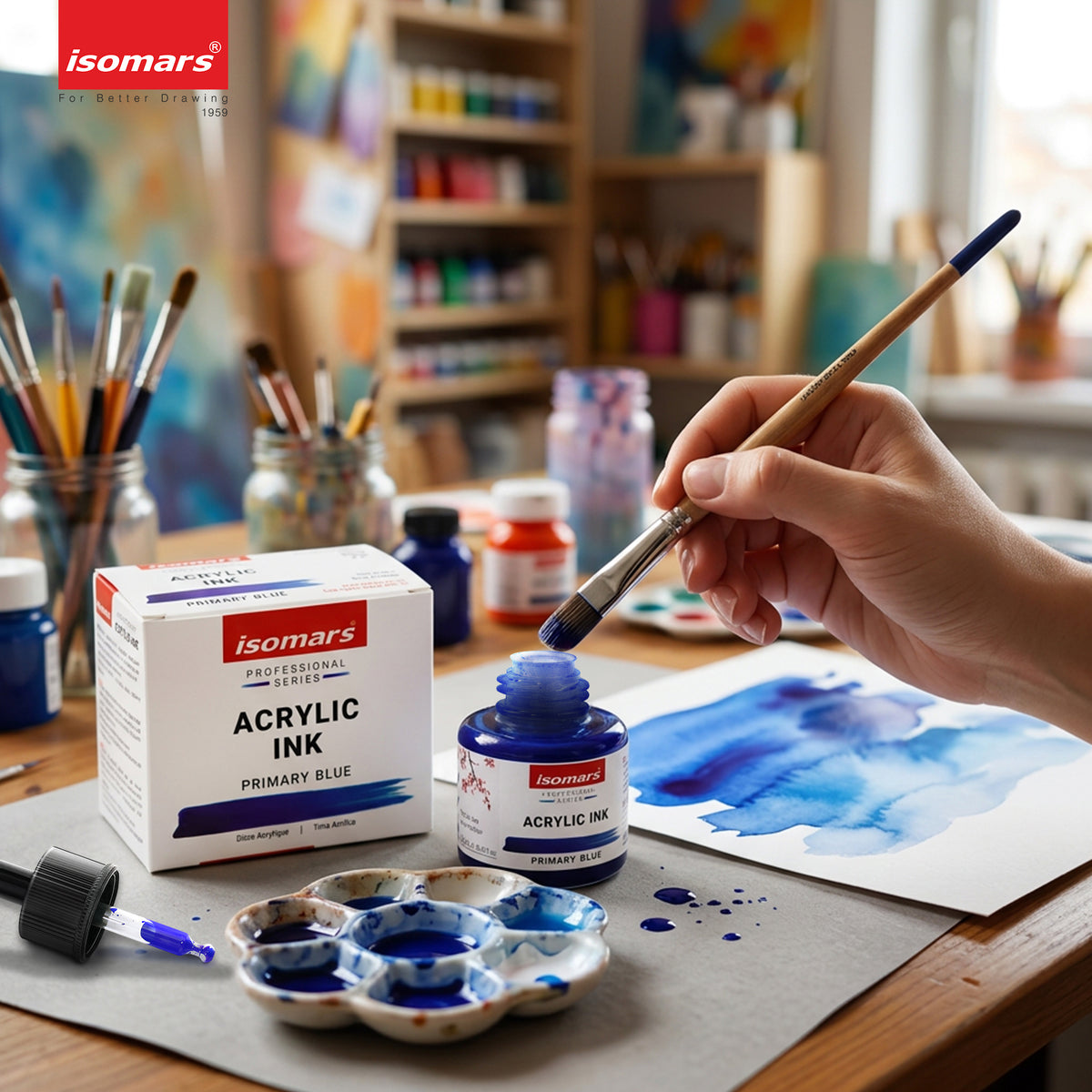 Isomars Acrylic Ink Blue 35ml with Dropper for Art & Drawing