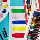 Isomars Acrylic Paint 12ml - Set of 12 Vibrant Pigminted & Fadeproof Colours 4 - Includes Round Canvaa Brush - Set of 4 ARTIST SERIES - For Canvas Painting, Scrap Book, Paper Board, Wood & Terracotta