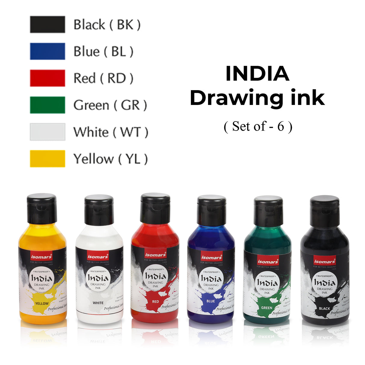 Isomars India Waterproof Drawing Ink, 100ml x 6 Colours, Fadeproof, Non-Toxic, Professional Art Supplies