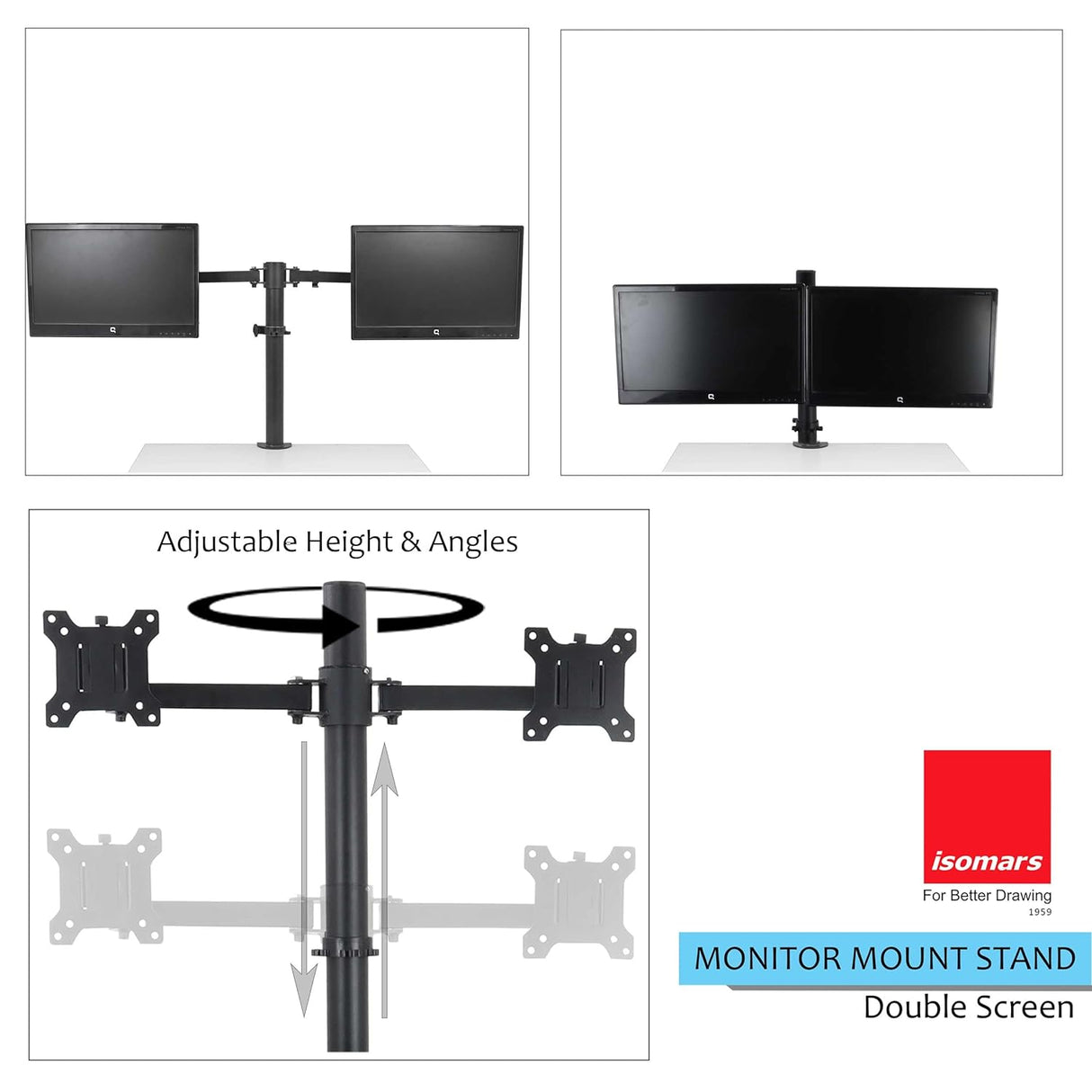 Isomars Monitor Arm Mount Stand Double Screen (Monitor) - Adjustable Height & Angles