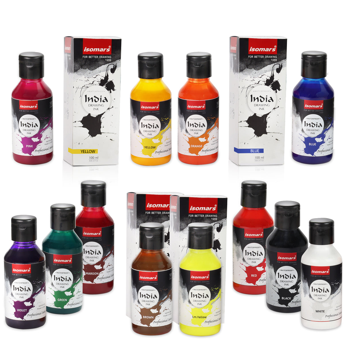 Isomars India Drawing Ink Set of 12 | 100 ml Each | Waterproof Colours