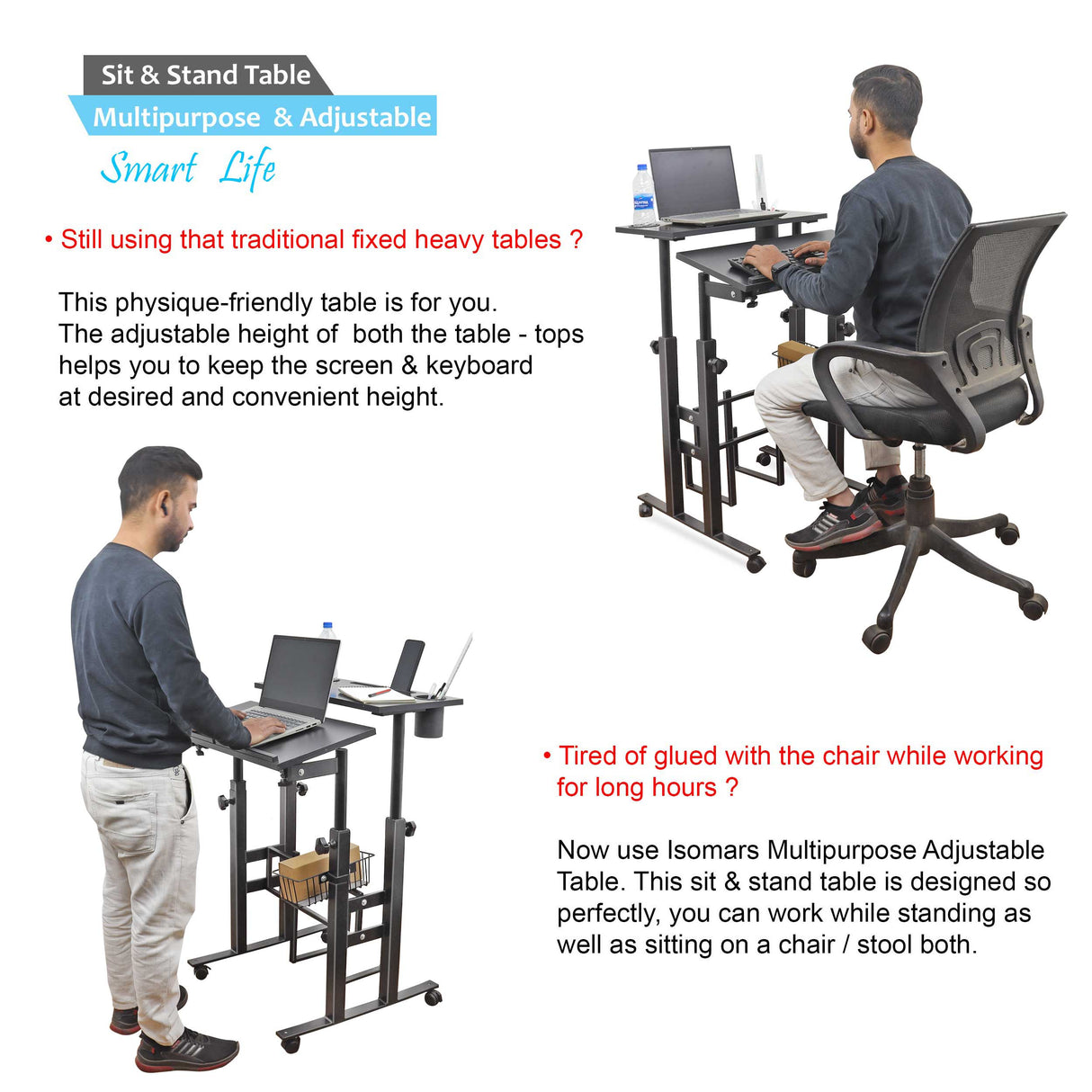 Isomars 24"/61cm Wide Made In India Desktop & Laptop Multipurpose Adjustable Table & Computer Workstation - Useful for Using Gadgets Like Desktop, Laptop, Tab/iPad, Mobile Phone etc (Black)