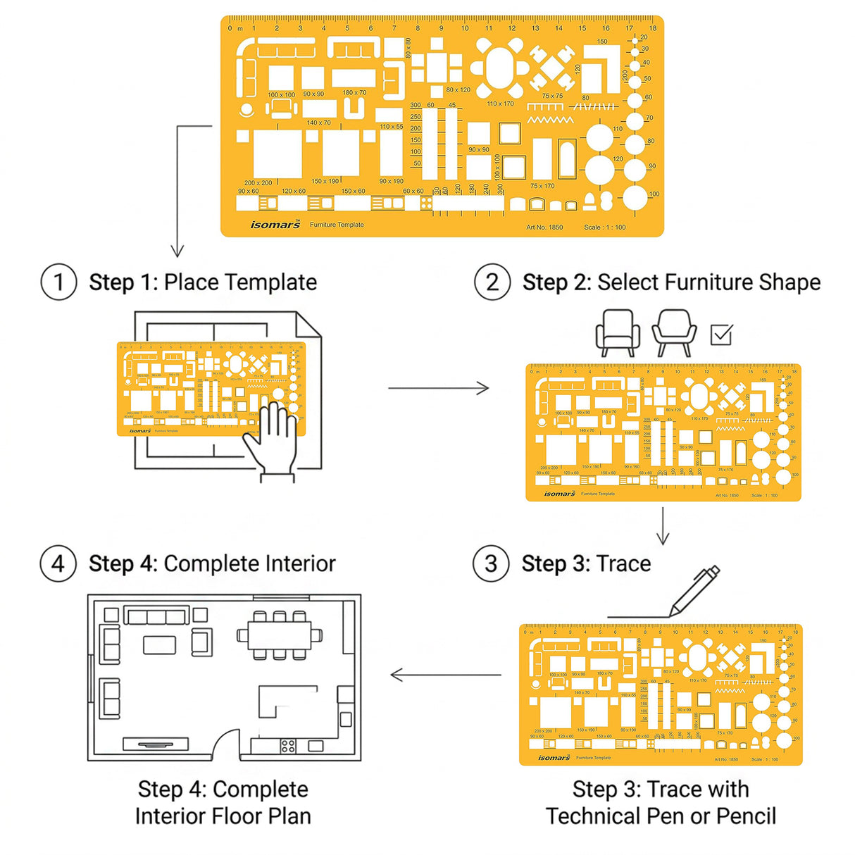 Isomars Designing Templates Combo Set of 8 | Engineering, Architecture & Interior Design Drafting Stencil Kit with General Purpose Template, Furniture, Electrical & Geometric Templates for Drawing & Drafting