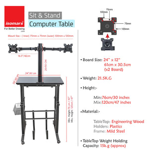 Isomars Desktop Table with dual Monitor Mount - Adjustable Height & Angles, Computer Workstation Useful for Gadgets Like Desktop, Laptop- Made in India (Black).