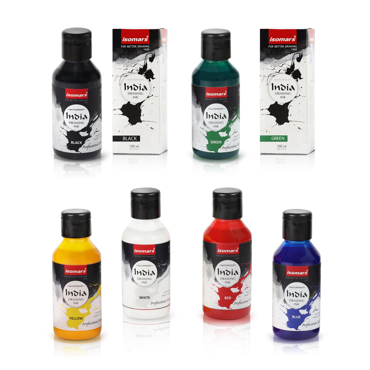 Isomars India Waterproof Drawing Ink, 100ml x 6 Colours, Fadeproof, Non-Toxic, Professional Art Supplies